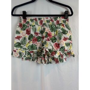 Tropical Hibiscus Monstera Print Smocked Ruffle Shorts Floral Summer Medium